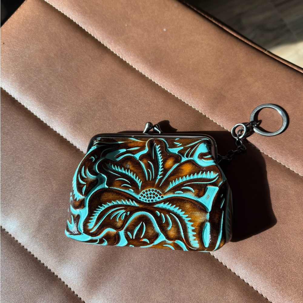 Patricia Nash Brown and Turquoise Embossed Coin Purse